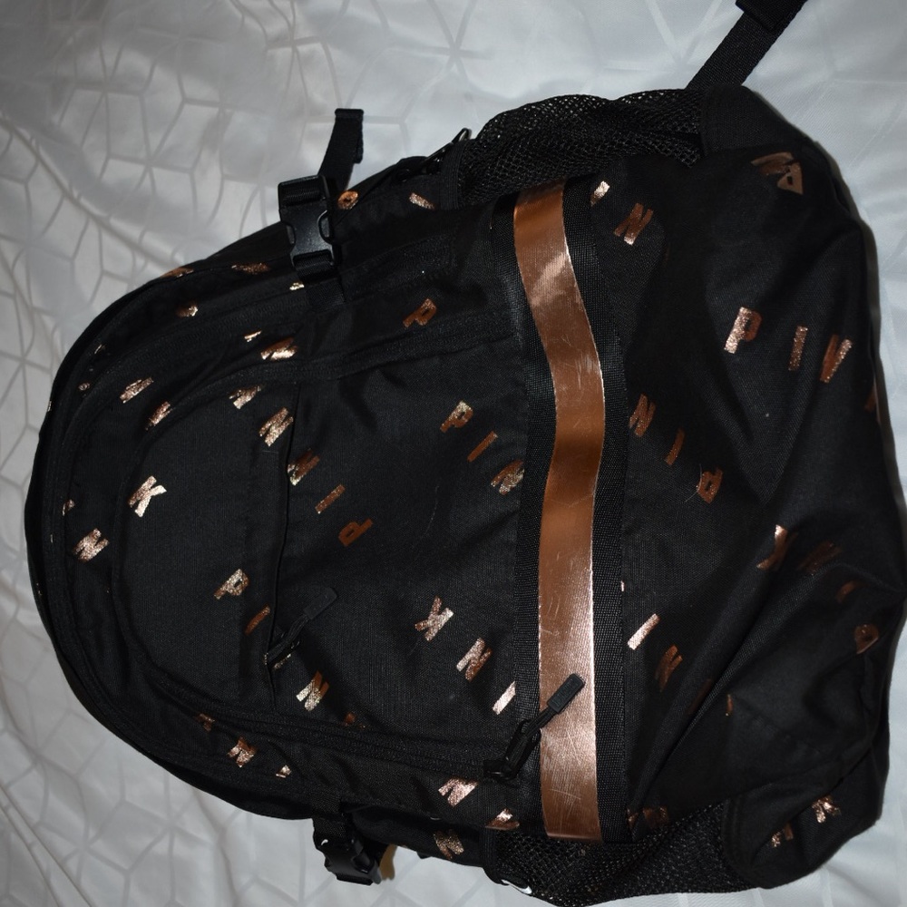 PINK Black & Gold Metallic Campus Backpack